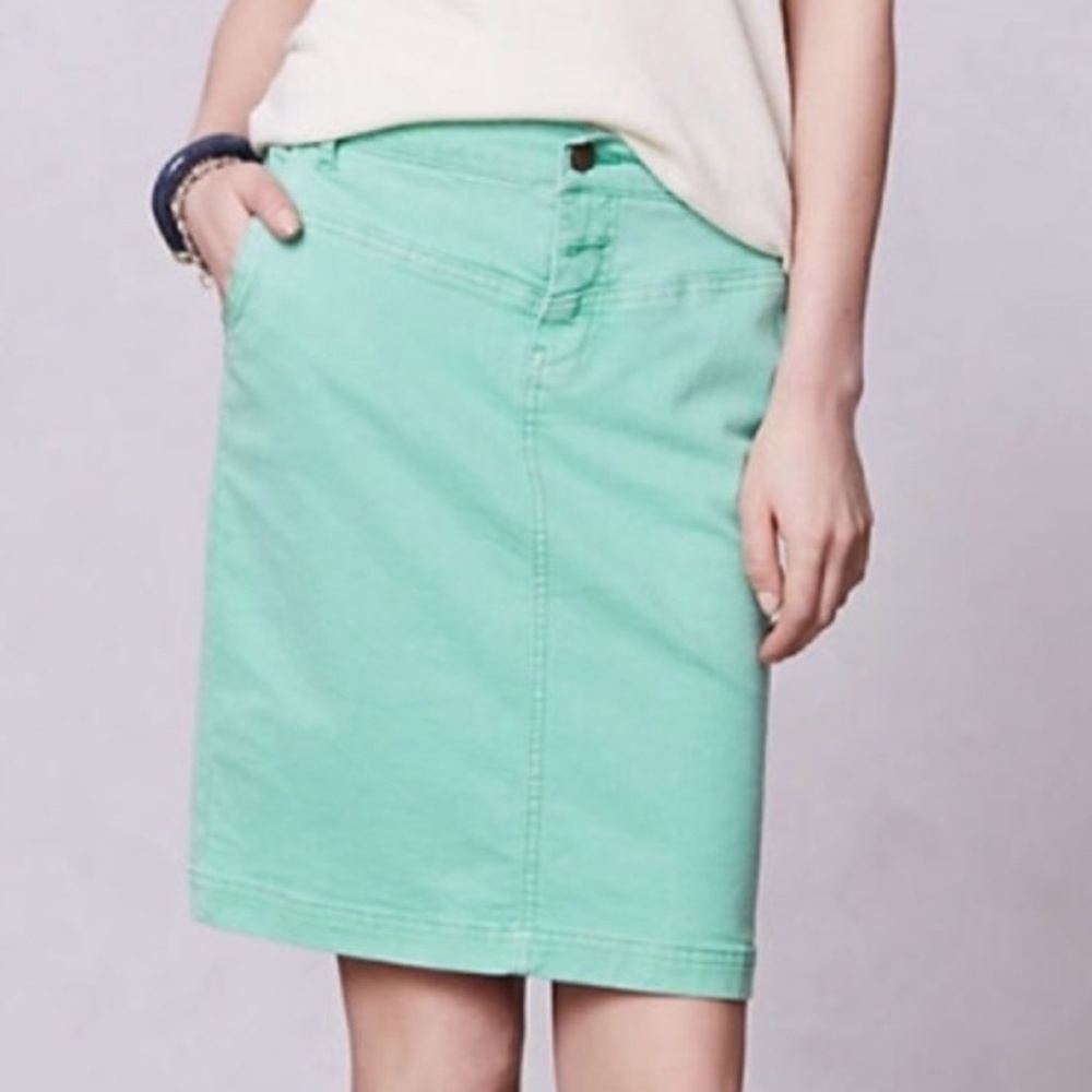 Anthropologie Holding Horses Green Denim Skirt